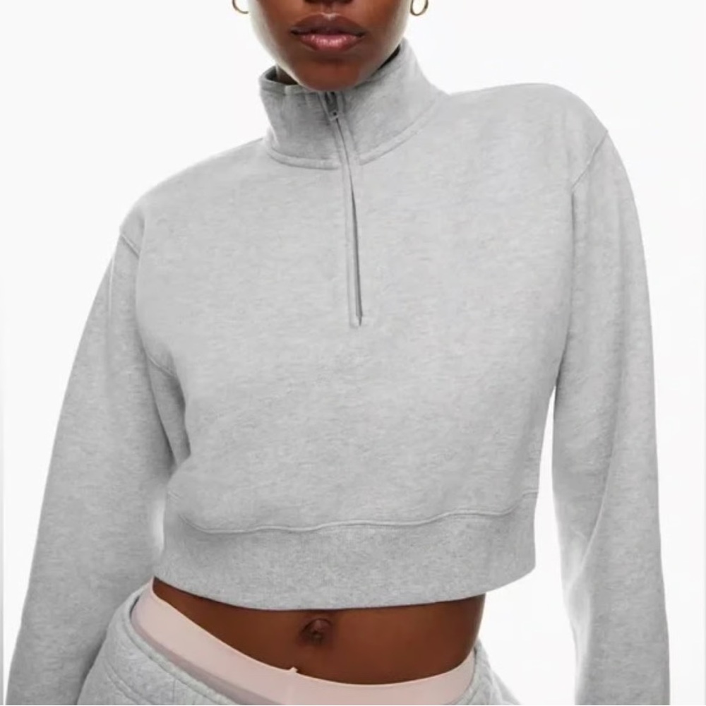 ARITZIA TNA Cozy Fleexe Cropped Quarter Zip Collared Sweater Heathered Grey